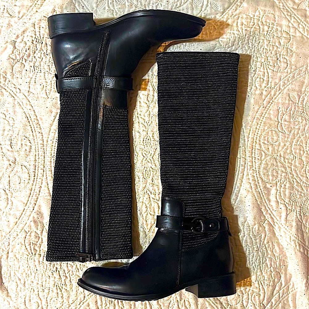 Aquatalia New Soft Woven Black Leather Stretch Riding Boots W Sz 7 Made in Italy